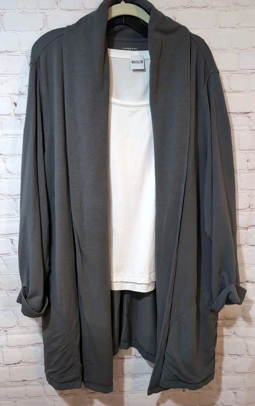 Lands’ End 2X Open Front Cardigan Drape Jacket Gray Long Sleeve Pockets Plus